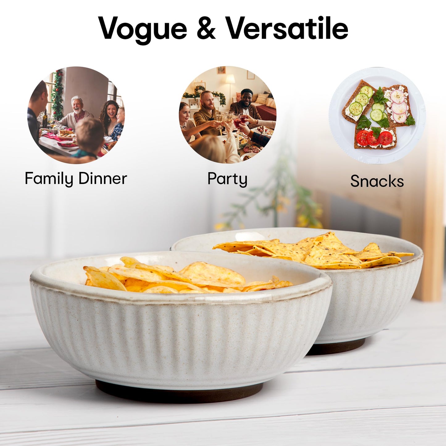 Set of 2: Large Ceramic Bowls - Microwave Safe, Ideal for Salad & Snacks | 650mL | Beige Sable