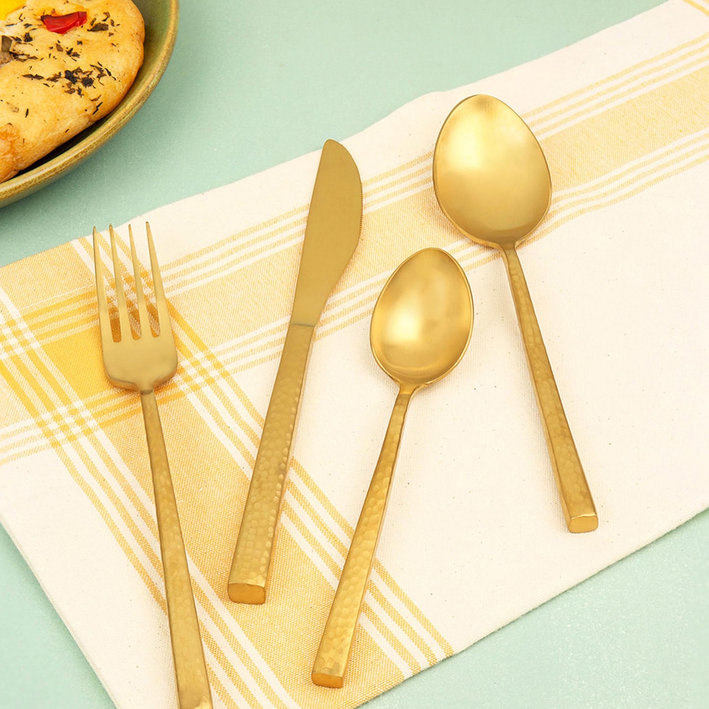 Combo: Gold Hammered Cutlery Set - Stainless Steel, Food Grade | Spoons, Forks, Knives | Dishwasher Safe | Gold