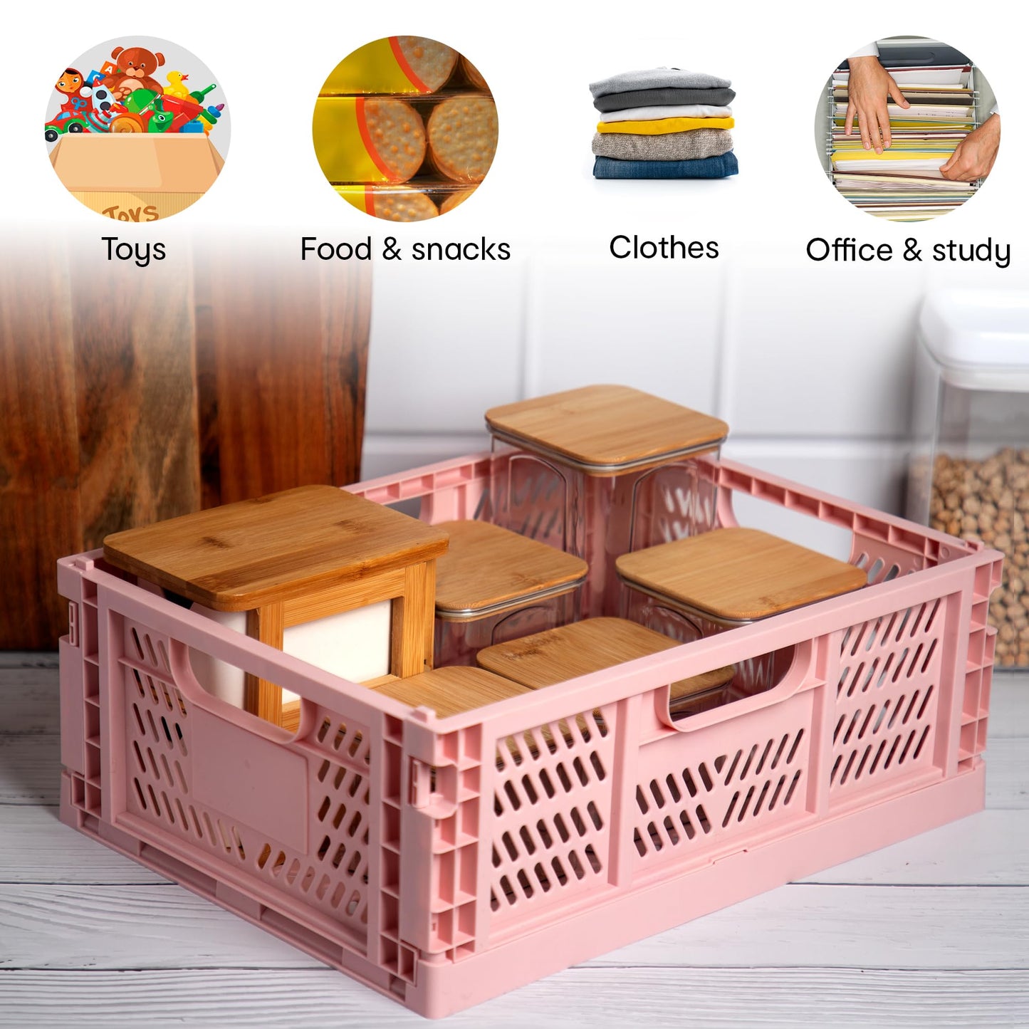 Pack of 1: Multipurpose Plastic Collapsible Crate | Foldable, Stackable Organizer | 3kg Capacity | Pink