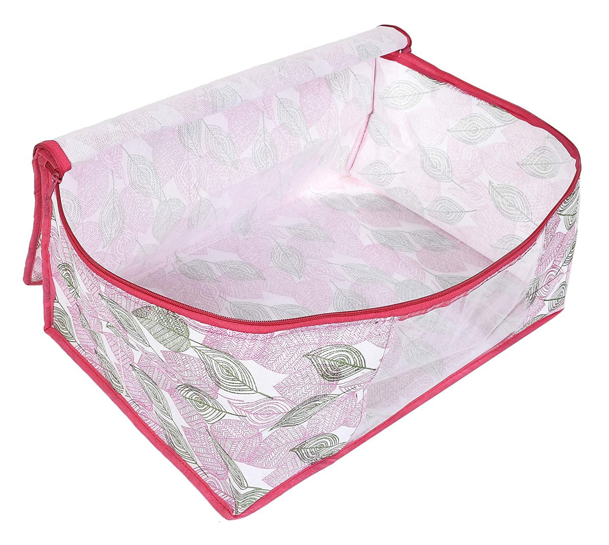 Heart Home Leaf Design Non-woven Foldable Saree Cover/Clothes Storage Bag/Wardrobe Organizer With Transparent Window- Pack of 12 (Pink)-44HH0367