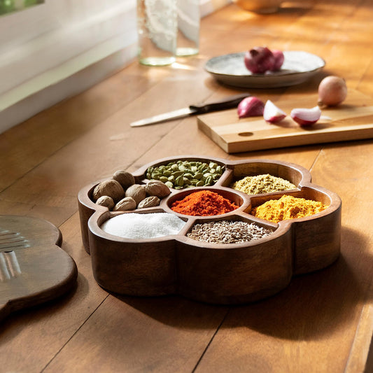 Wood Masala Box - Brown | Multipurpose Spice Container with 7 Compartments | Handmade | Hand Wash Only