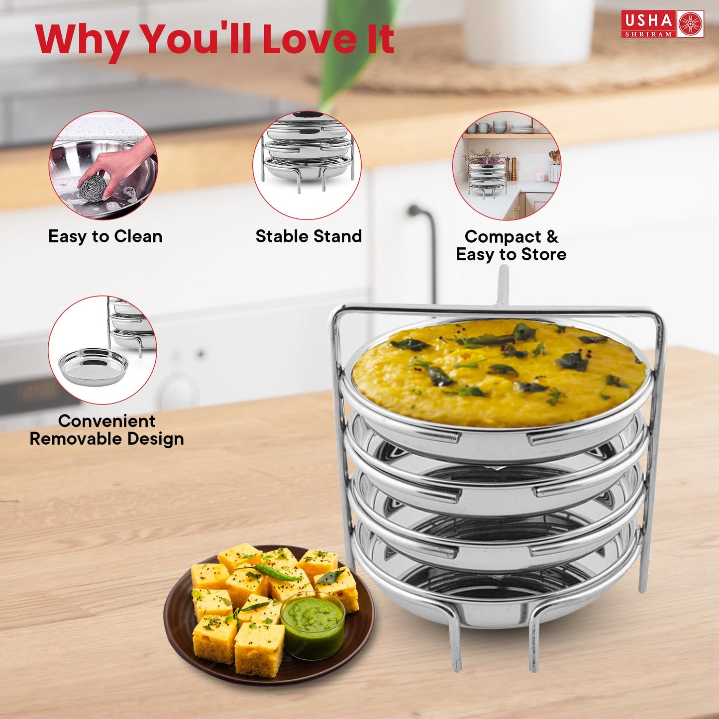 USHA SHRIRAM Dhokla Maker Plate (Round - 4 Plate) | Dhokla Stand | Thatte Idli Dhokla Maker Stainless Steel | Thattu Idli Plate | Idli and Dhokla Maker | Thatte Idly Stand | Idly Stand