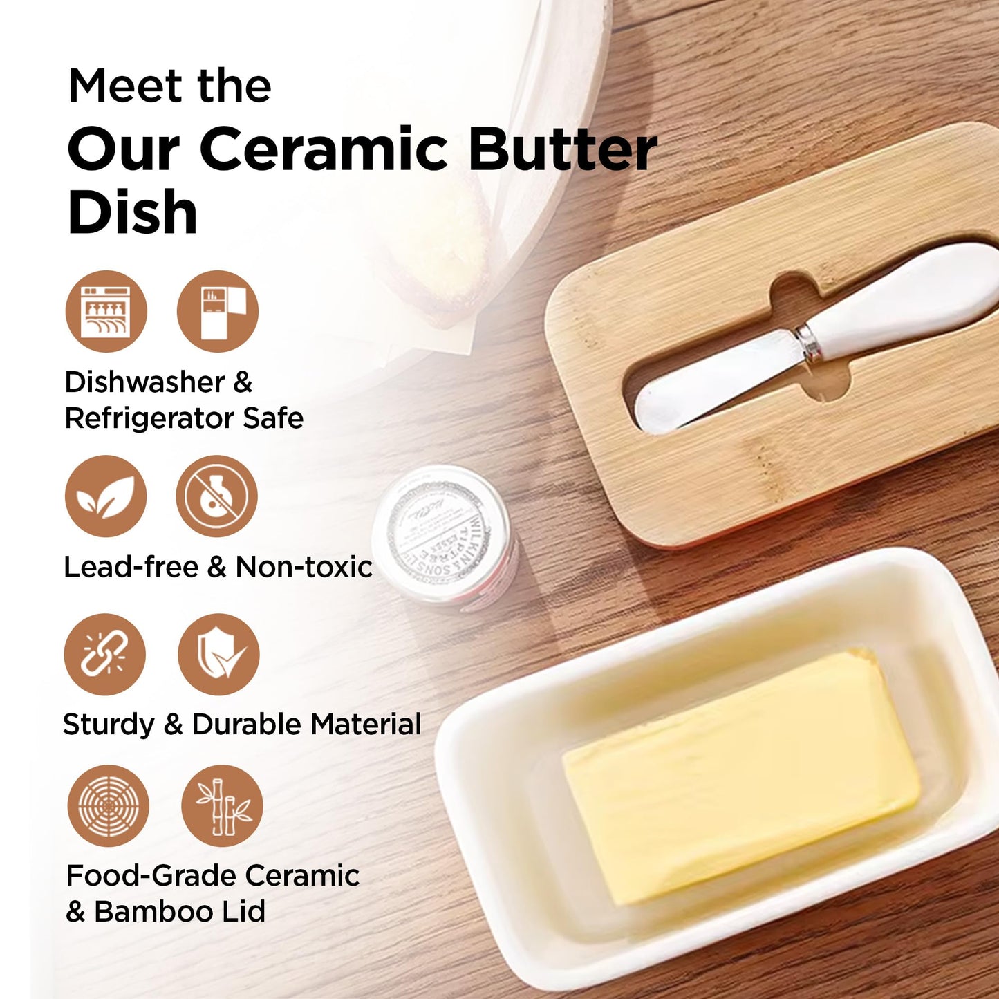 UMAI Ceramic Butter Dish with Wooden Lid & Stainless Steel Knife | Fridge Storage Boxes | Fridge Organiser | Airtight Seal | Black Kitchen Container Set | Kitchen Items | Knife for Kitchen |