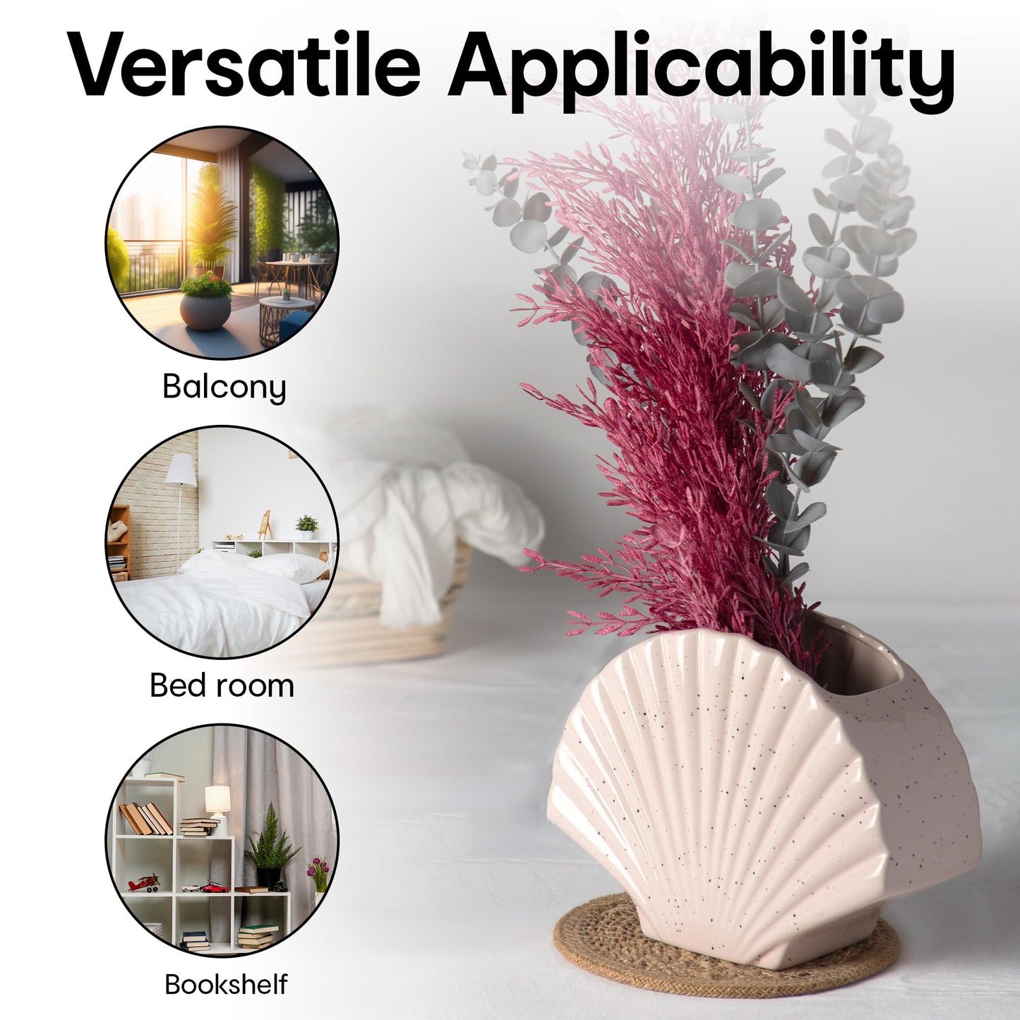 Elegant Shell-Shaped Flower Vase for Indoor & Outdoor Plants | Reusable Stoneware | 25.5cm x 12cm | White