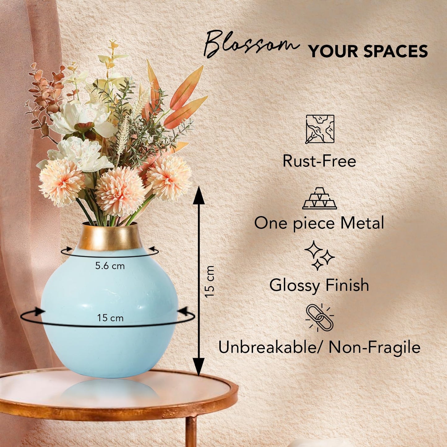 Ekhasa Unbreakable Metallic Blue Flower Vase for Home Decor | Aesthetic Flower Vase Gift for Wedding, Housewarming, Parties, Gatherings | Decorative Metal Vase for Living Room, Dining Table, Office