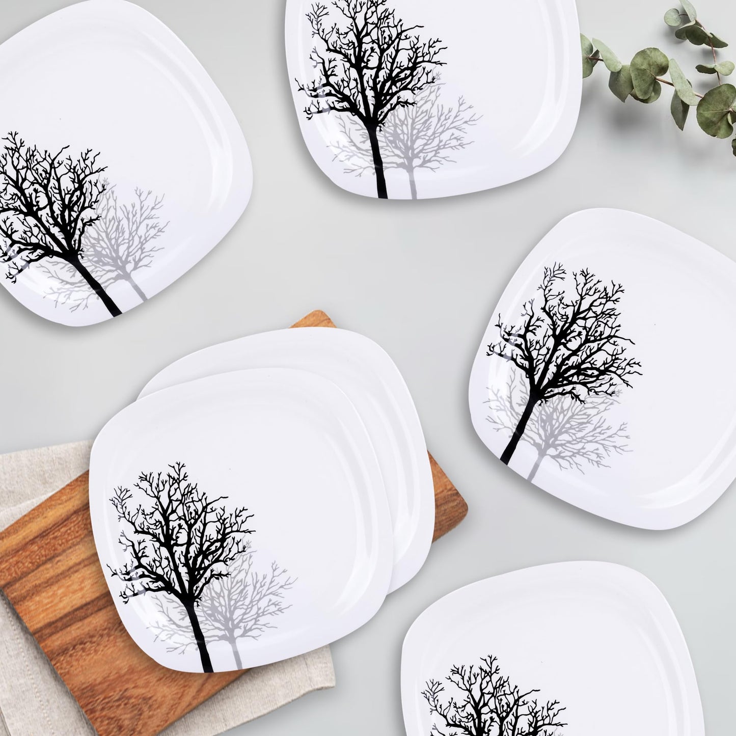 Melamine Dinner Plate Set of 6 - Unbreakable, Heat Resistant | Dishwasher Safe | Square Black Tree | Blue