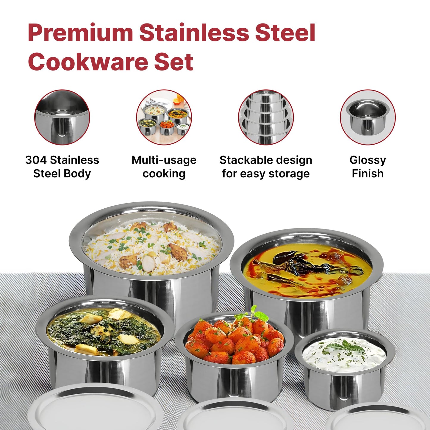 USHA SHRIRAM Stainless Steel Tope Set With Lid (5Pcs - 800ml, 1L, 1.4L, 1.9L, 2.4L ) |Gas & Induction Cookware |Stainless Steel Patila Pan With Steel Lid | Big Patila Pot | Flat Bottom | Milk Tea Pan