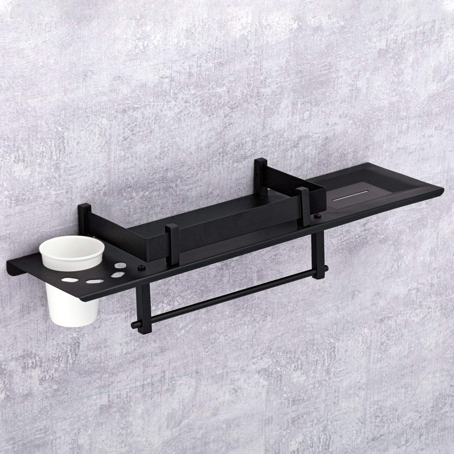 Plantex Stainless Steel 4in1 Multipurpose Bathroom Shelf/Rack/Towel Hanger/Tumbler Holder/Soap Dish/Holder/Stand-Bathroom Accessories (18 X 5 Inches-Matt Black)