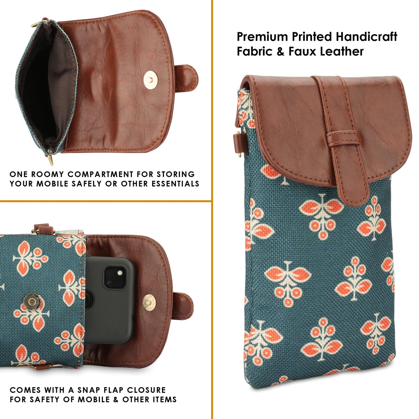 THE CLOWNFISH Flexiflare Series Mobile Sling for Women Printed Handicraft Fabric & Faux leather Casual Ladies Mobile Pouch Crossbody Bag for College Girls (Persian Green)