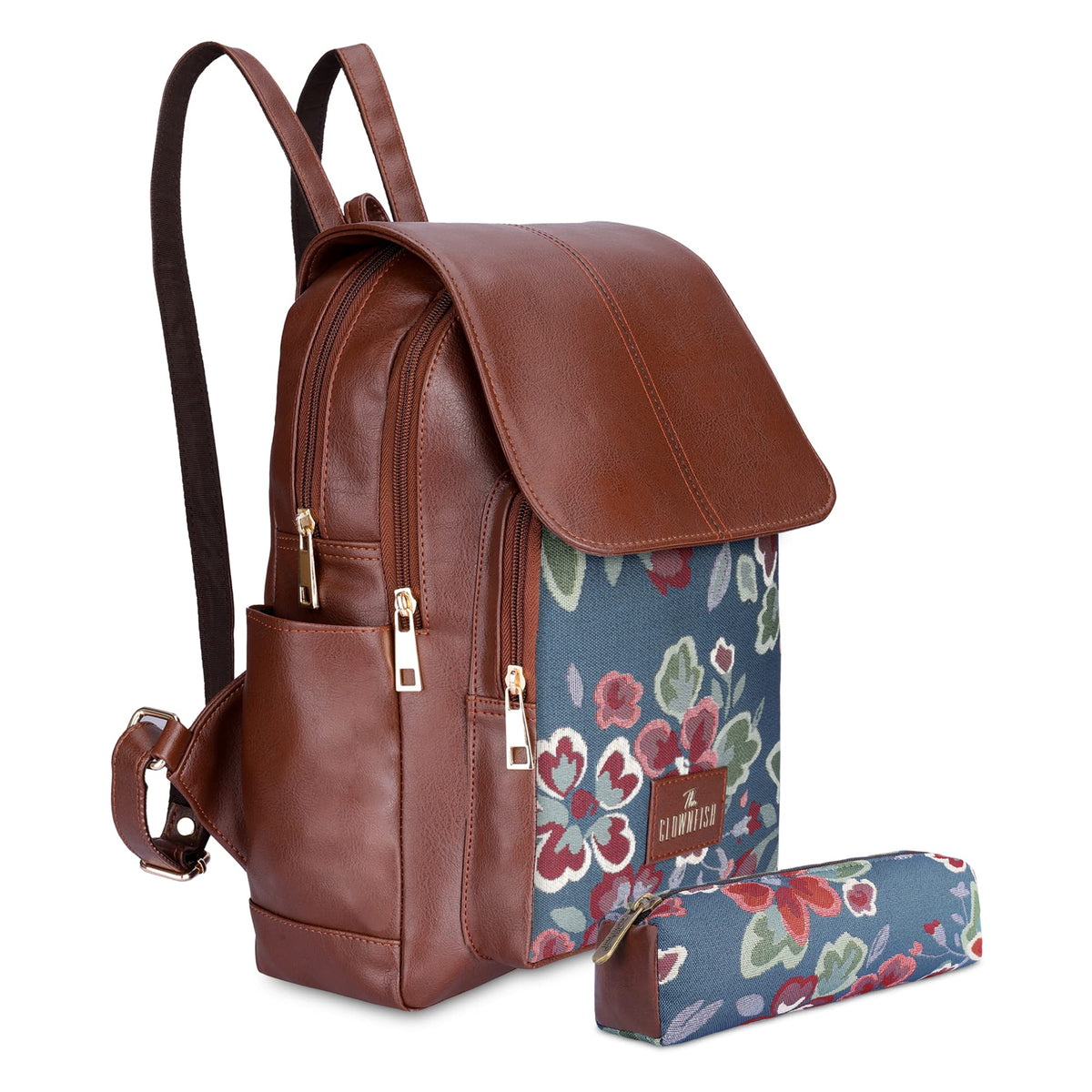 Combo: Faux Leather & Tapestry Women's Backpack with Bottle Holder | Expert Pencil Pouch | Persian Blue
