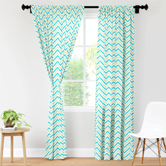 Set of 2: Polyester Door Curtains - Light-Filtering, Tie Back, Rod Pocket | 7 ft | Chevron 1 Green