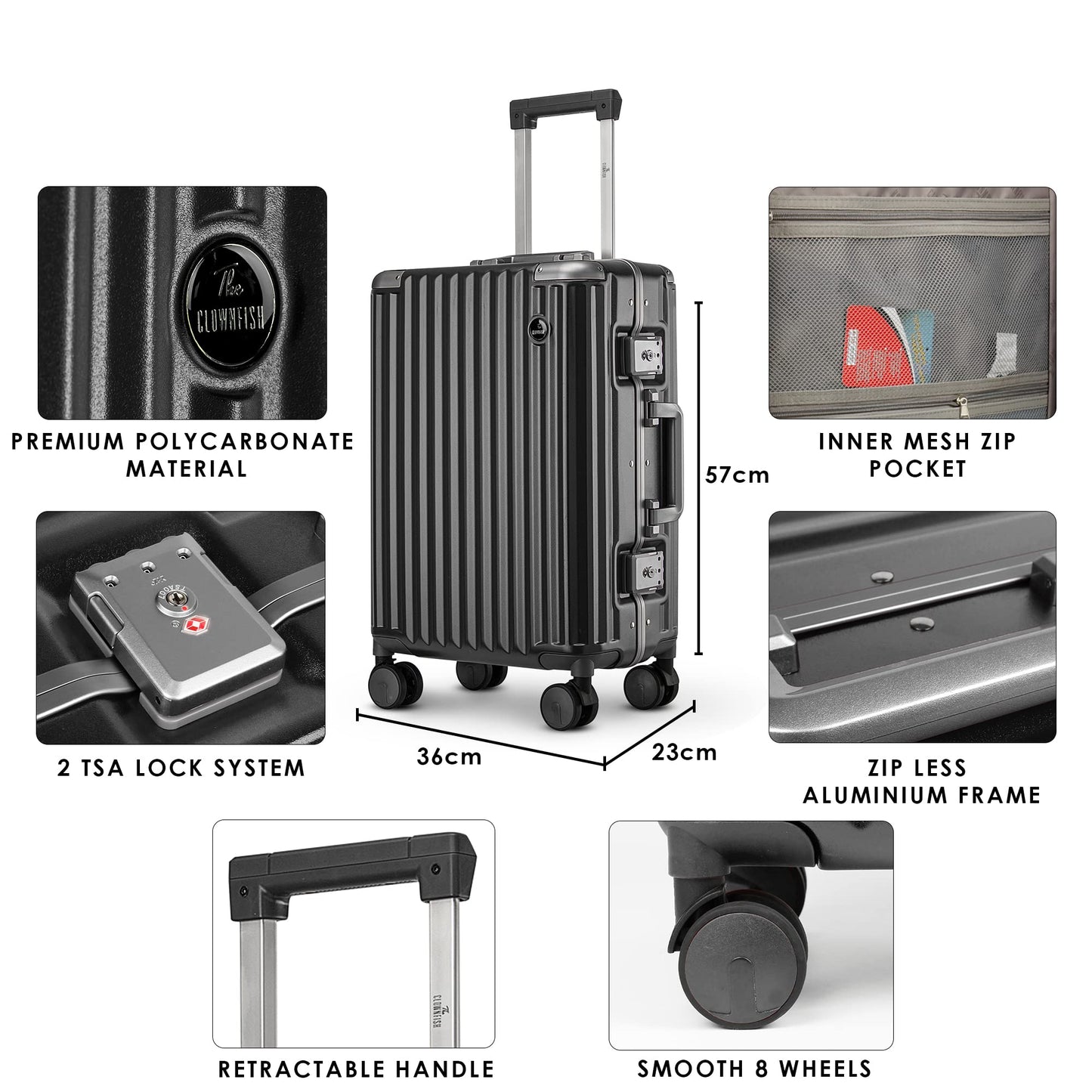 Small Polycarbonate Hard Case Suitcase - 8 Wheels, Double TSA Locks | 57 cm | Sooty Black