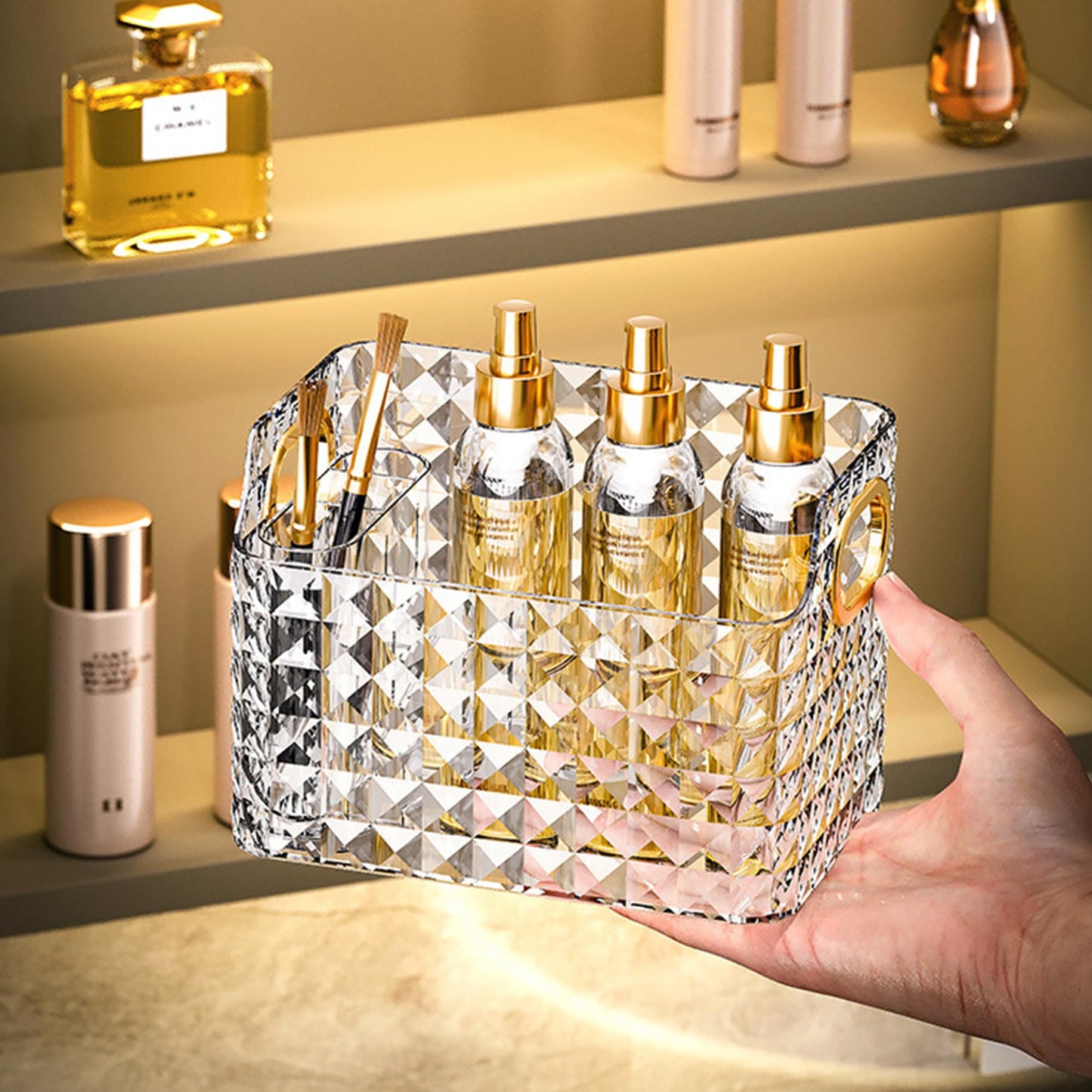 Makeup Desk Organizer - Diamond Cut Glass Finish | Large Capacity | Skin Care Products Holder | Transparent