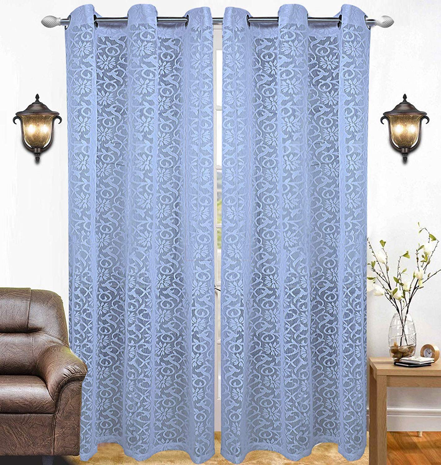 Pack of 4: Sheer Door Curtains - Floral Design, Light-Filtering | Grommet Style | Sky Blue | 7 Feet