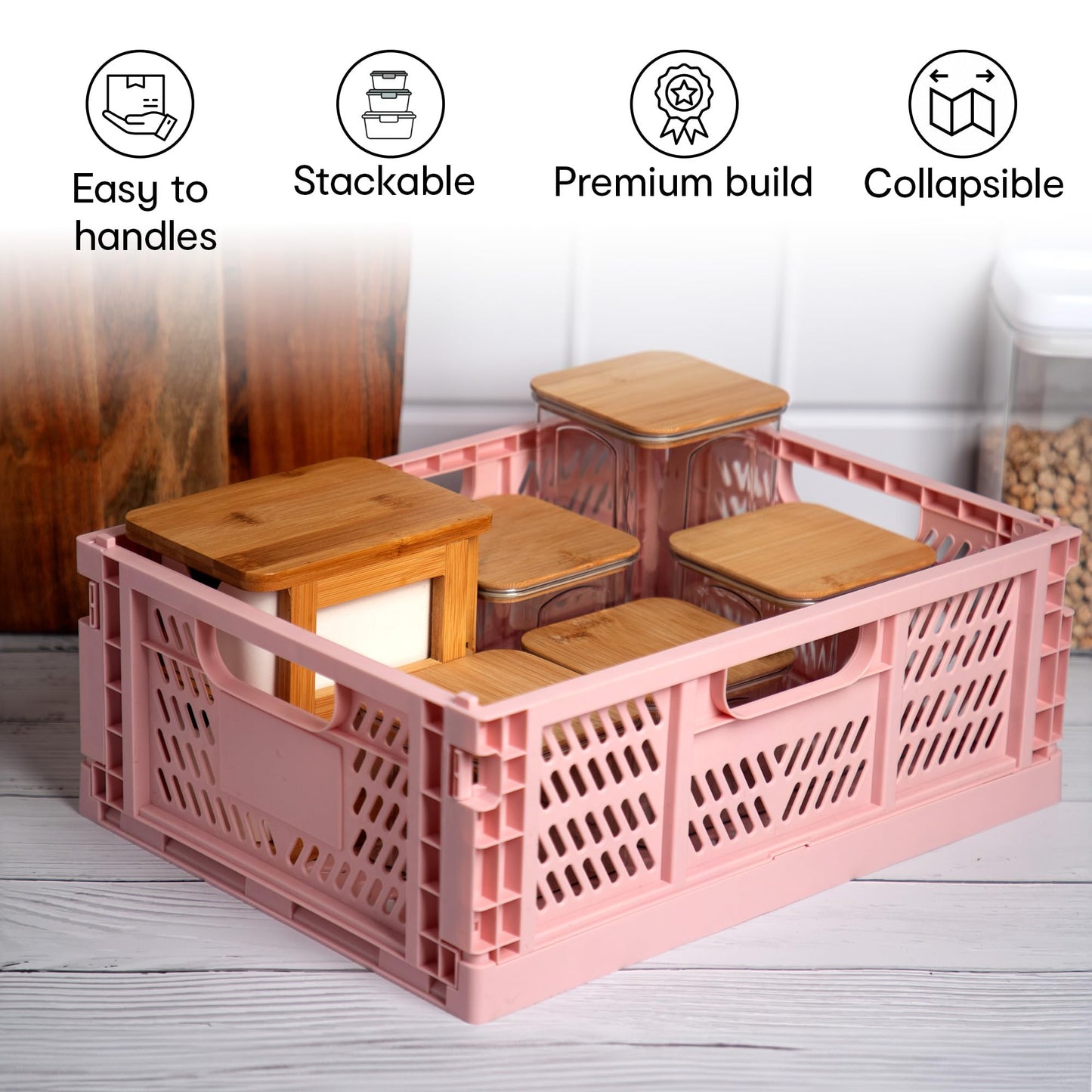 Pack of 1: Multipurpose Plastic Collapsible Crate | Foldable, Stackable Organizer | 3kg Capacity | Pink