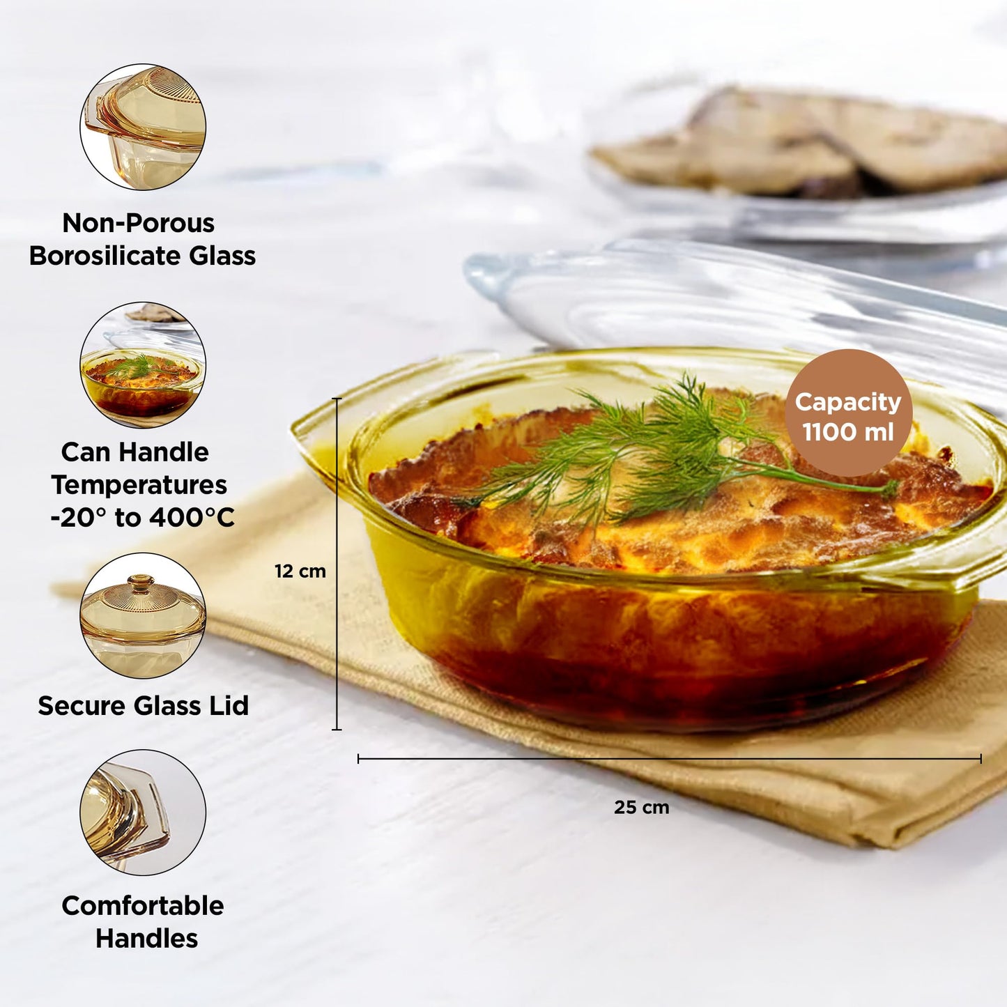 UMAI Borosilicate Glass Casserole with Lid | Glass Bowl | Microwave Safe & Dishwasher safe | Casserole for Biryani, Pulao, Halwa, Curries, Roti | Scratch resistant, BPA free | Amber Color (1.1L)