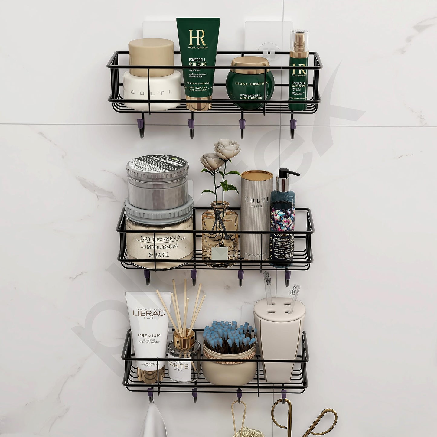 Bathroom Shelf with Hooks & Towel Holder | Includes 3 Shelves & 6 Adhesive Stickers | Black | Wall Mounted