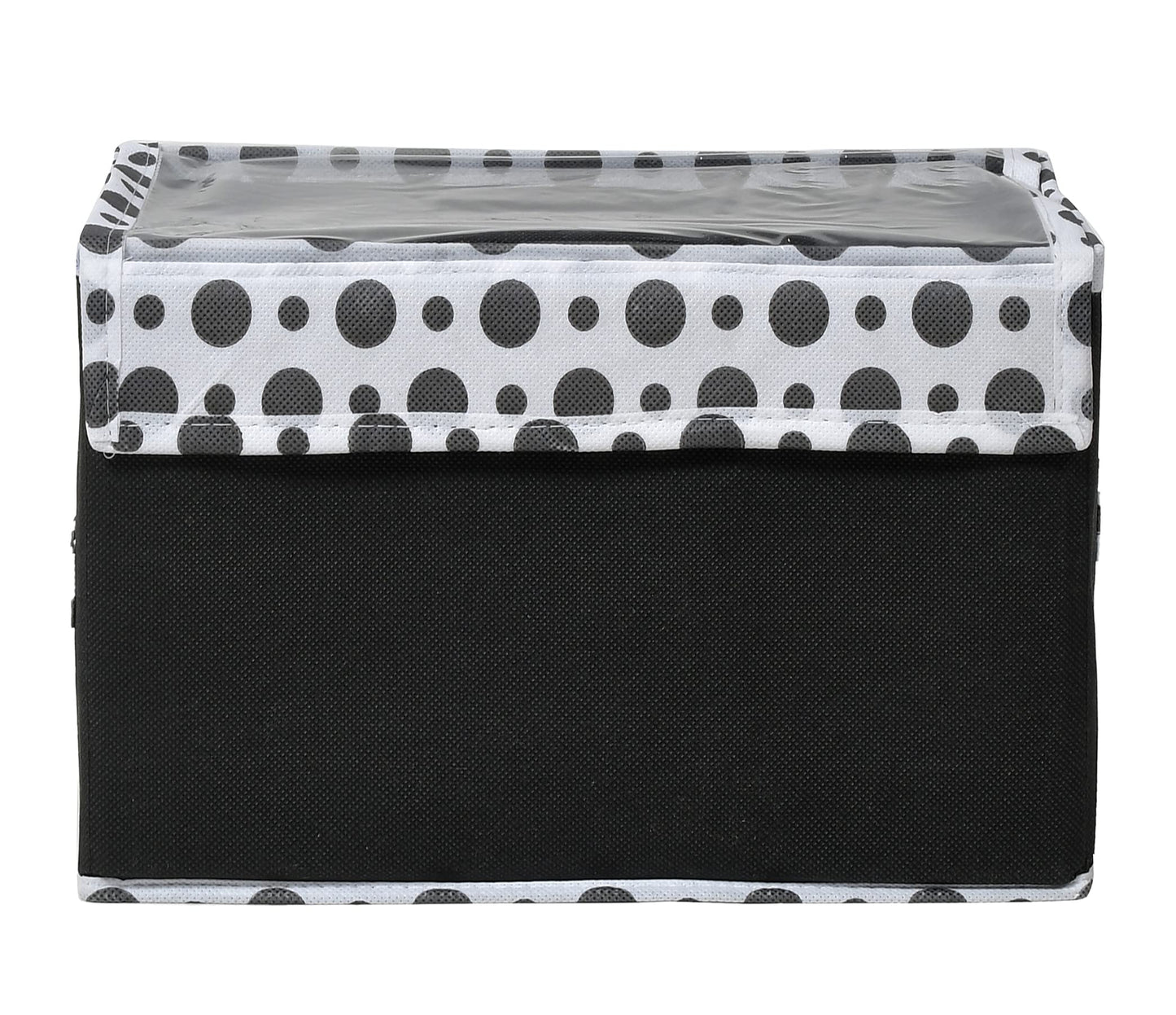 Kuber Industries Foldable Boxes For Storage - Multipurpose Storage Organizer For Clothes | Wardrobe | Closet | Toys | Books - Undergarment Organizer Basket With Handle And Lid (Black With Polka Dots)