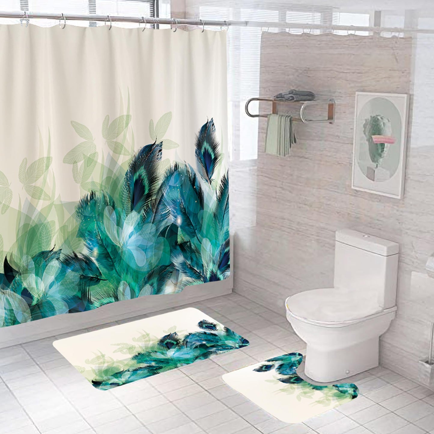 Combo: 7 Feet Shower Curtain & 2 Pcs Bathmat | Anti-Slip, Quick Dry, Waterproof | Multicolour Floral Decor