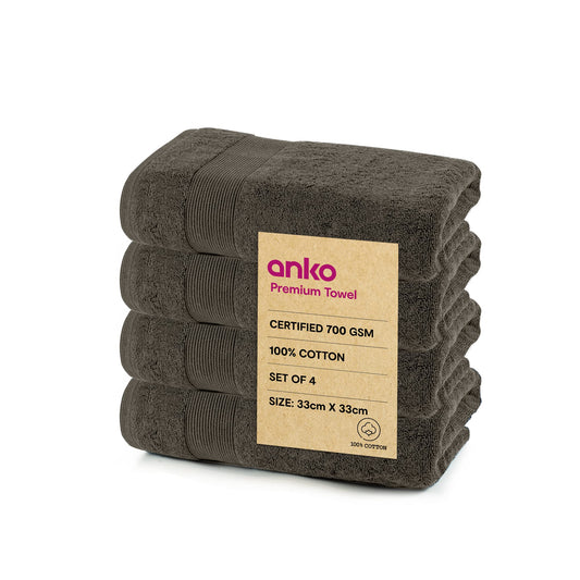 Pack of 4: 100% Cotton Face Towels - Super-Soft, Ultra Absorbent, Quick-Drying | 33x33 cm | Grey