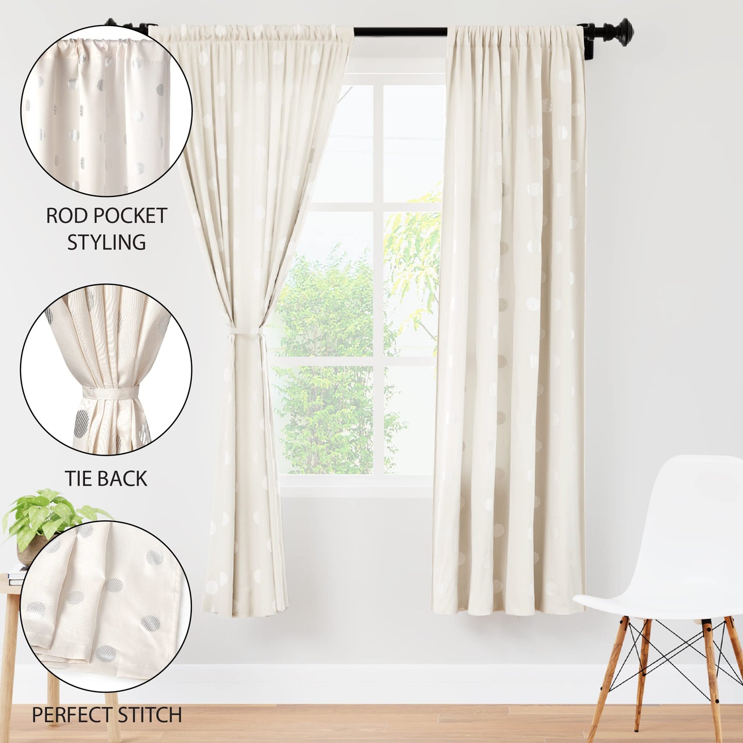 Encasa XO Window Curtain 6 ft Set of 2, Polyester Printed with Rod Pocket, Tie Back, Light-Filtering, Semi Sheer/Transparent Curtains- Kitchen, Bedroom, Living Room (140x183 cm), Dollar Cream