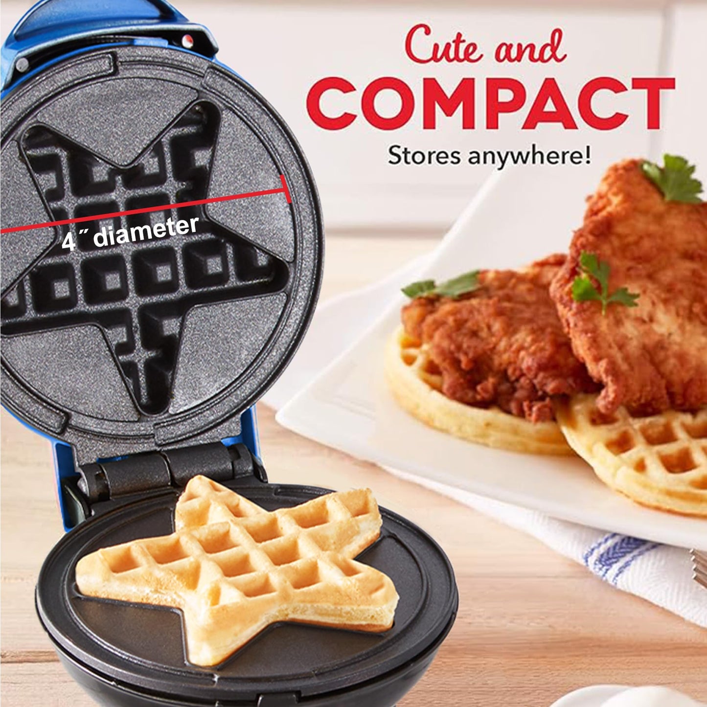 Mini Waffle Maker with Non-Stick Coating & Dual Side Heating | Recipe Booklet Included | 4 Inch | Blue-Star