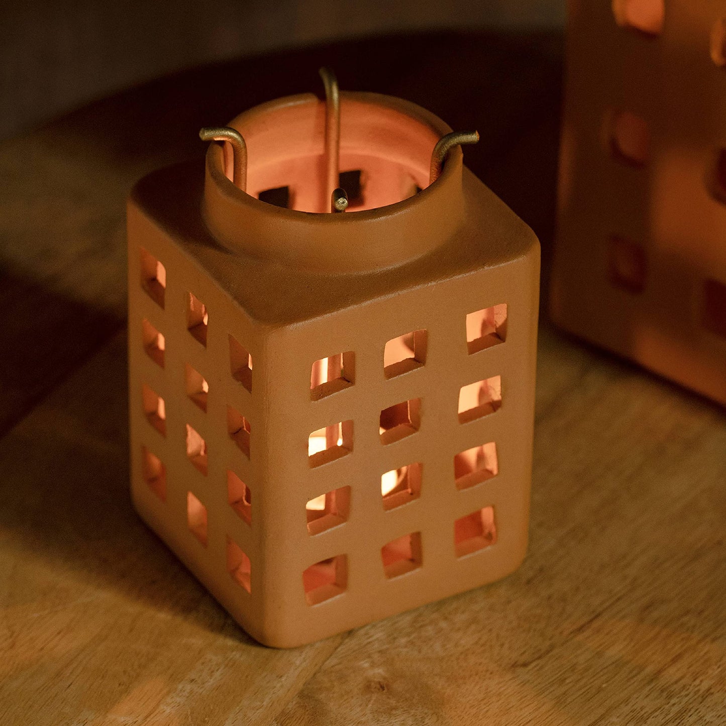 Ellementry Lupa Square Terracotta Lantern (Small) Set of 2 | Candle Tealight Holder for Balcony and Garden | Hanging Lamps for Home Decoration | Lalten for Vintage Christmas Decor and Corporate Gifts