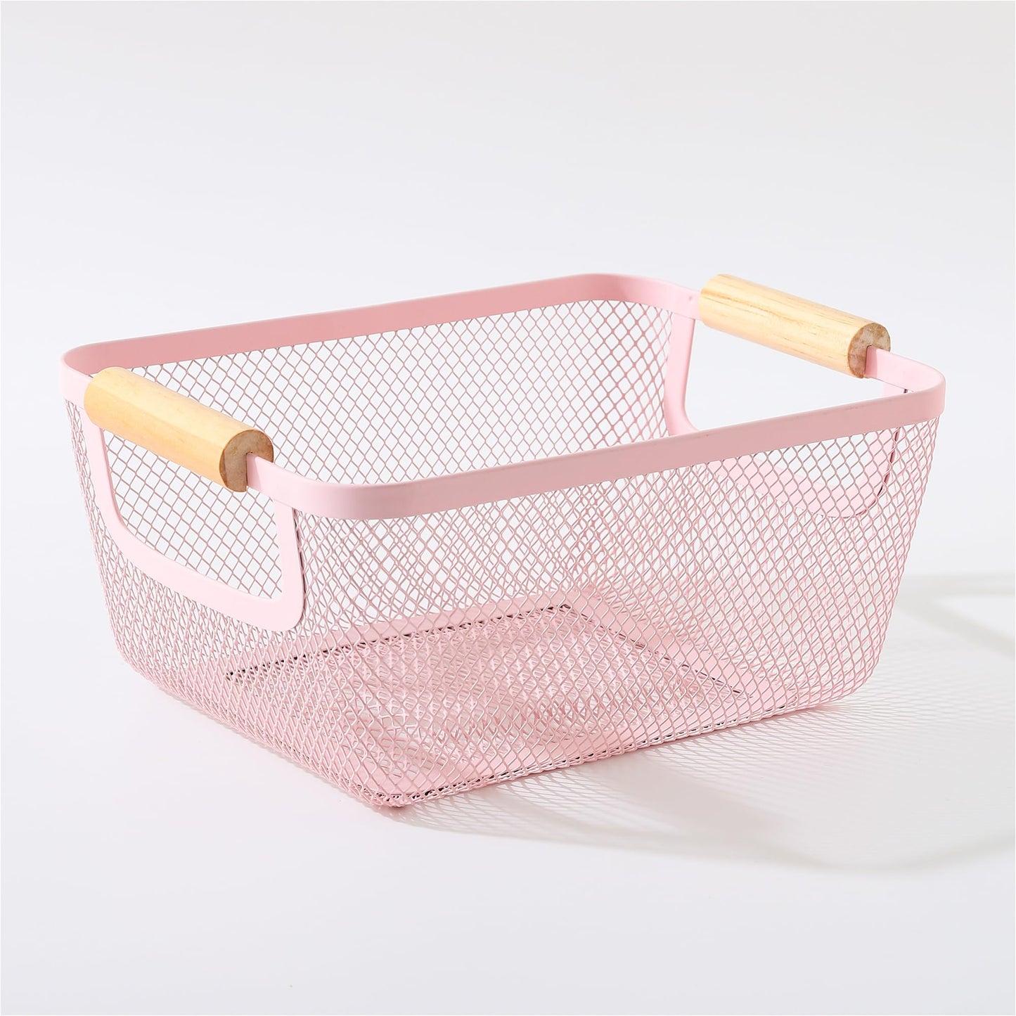 UMAI Rectangular Metal Mesh basket for storage with wooden handle | 360 Gm | Fruit basket & Vegetable basket for kitchen | Home Decor Items | Pack of 2 | Pink | Organisers Storage Box