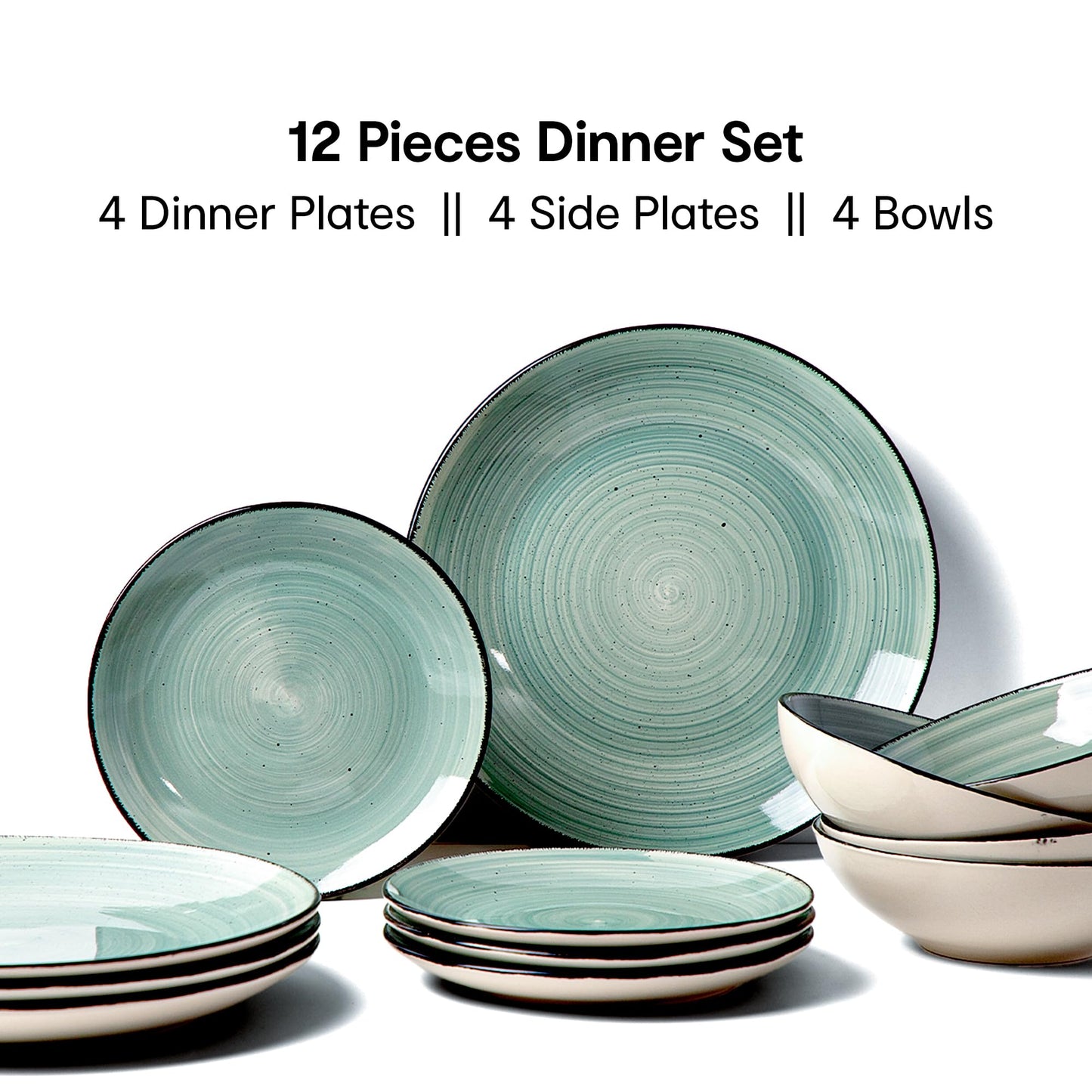 Anko Tapa 12 Pieces Dinner Set | Premium Crockery for Dining Table| Lead & Cadmium Free, Microwave & Dishwasher Safe| Stoneware| Matt Glaze Finish | 4 Dinner Plates, 4 Side Plates, 4 Bowls | Green