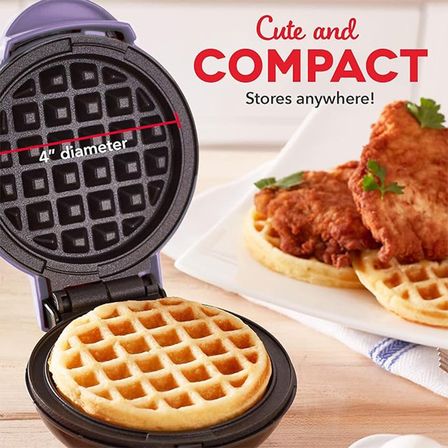 Mini Waffle Maker Machine - 350W, Non Stick, Dual Side Heating | Recipe Book Included | 4 inch | Lilac