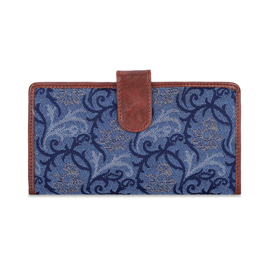 Bi-Fold Passport Wallet - Lightweight Faux Leather & Tapestry Fabric | Multiple Card Slots | Blue-Floral