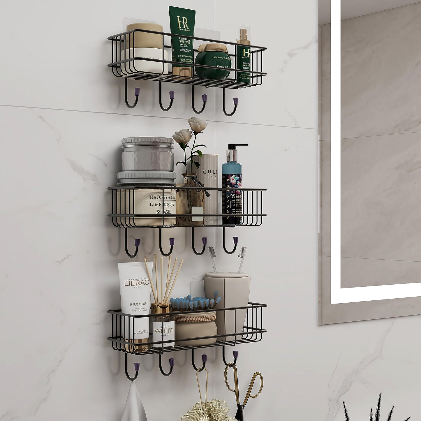 Bathroom Shelf with Hooks & Towel Holder | Includes 3 Shelves & 6 Adhesive Stickers | Black | Wall Mounted