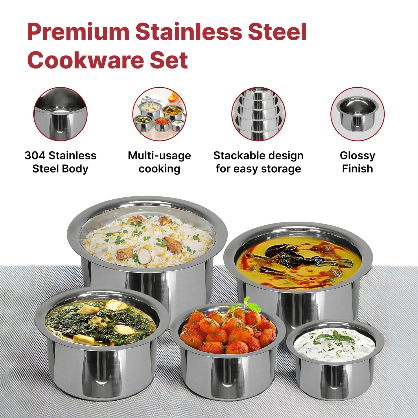 5 Pcs: Stainless Steel Tope Set Without Lid | Gas & Induction Cookware | 800ml to 2.4L | Silver