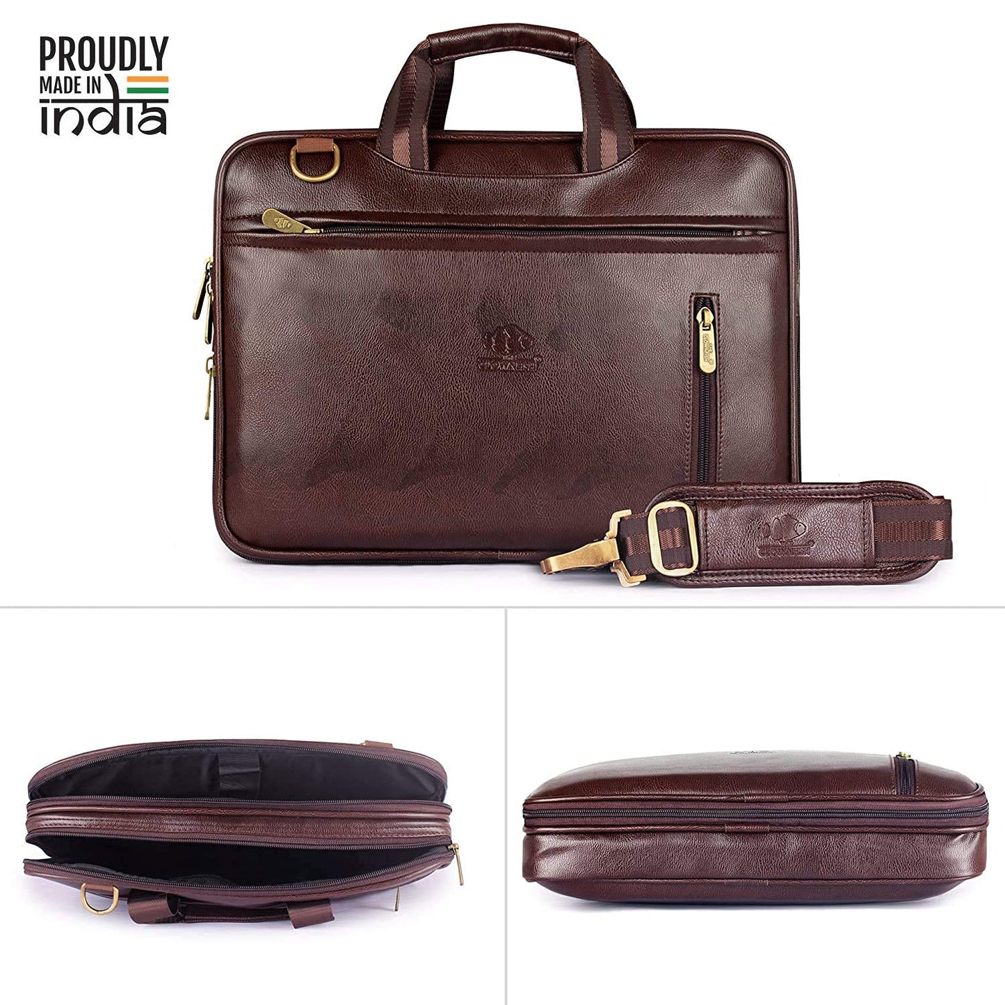 Elegant Laptop Bag - Water Resistant, Synthetic Leather | Adjustable Strap | Fits up to 15.6 inch | Brown