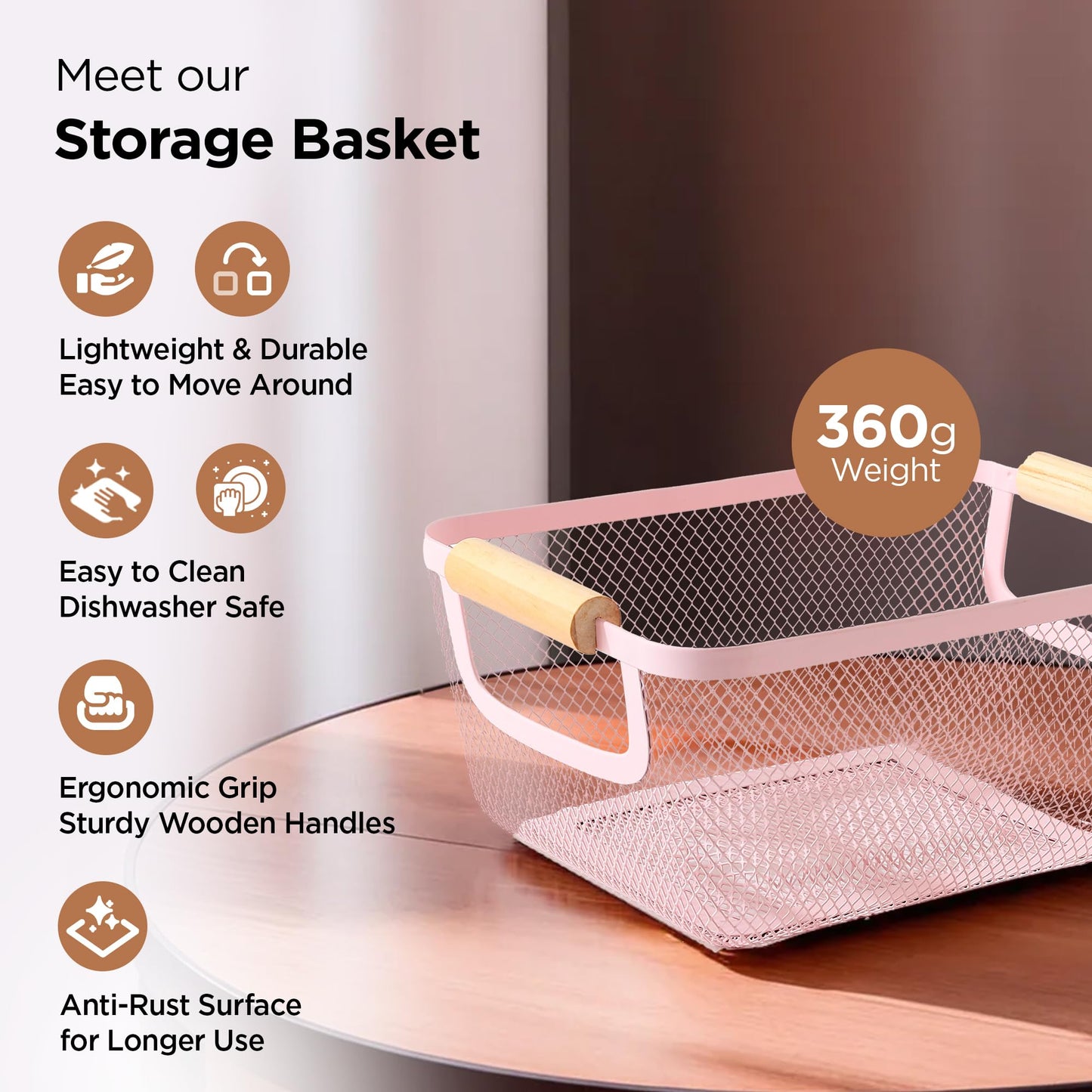 UMAI Rectangular Metal Mesh basket for storage with wooden handle | 360 Gm | Fruit basket & Vegetable basket for kitchen | Home Decor Items | Pack of 2 | Pink | Organisers Storage Box