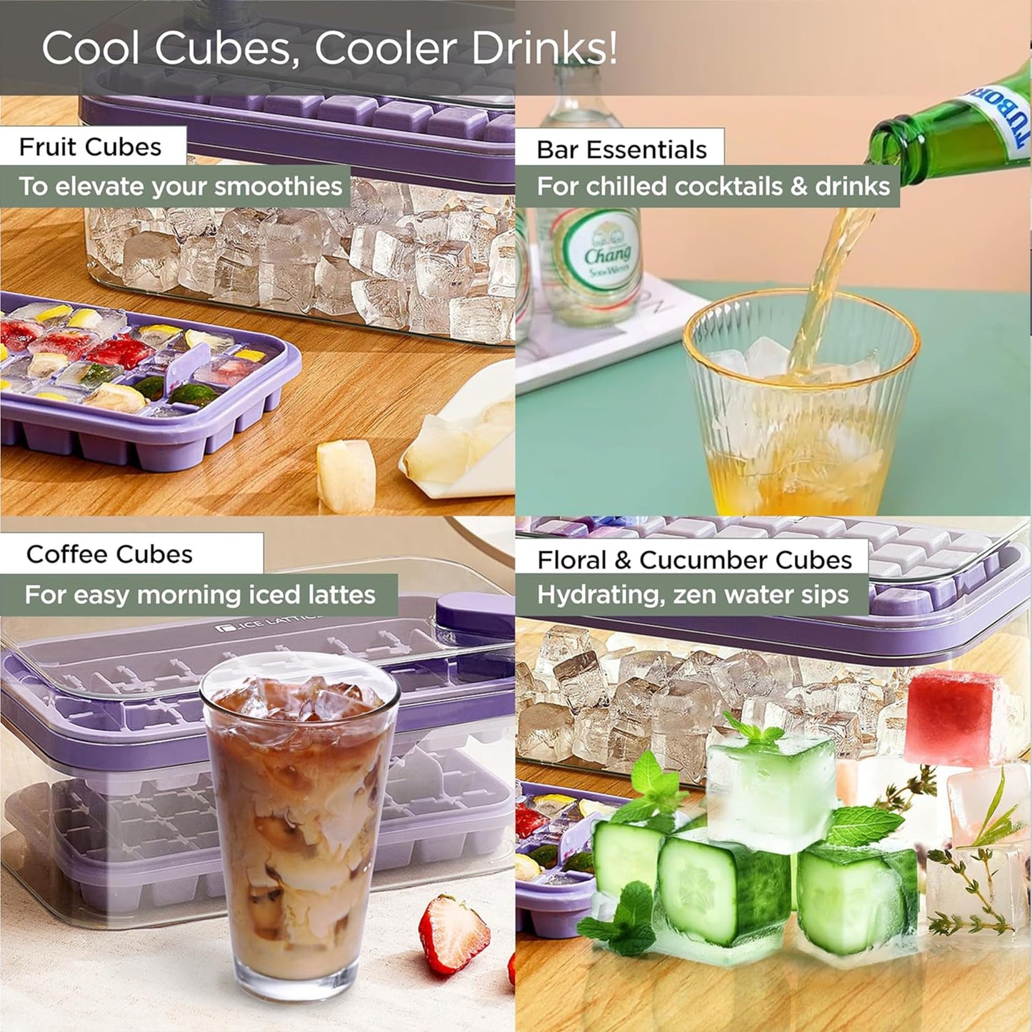 Pack of 6: 2 Layer Ice Cube Trays with Lid - 64 Molds for Easy Demolding | Includes Ice Scoop | Purple