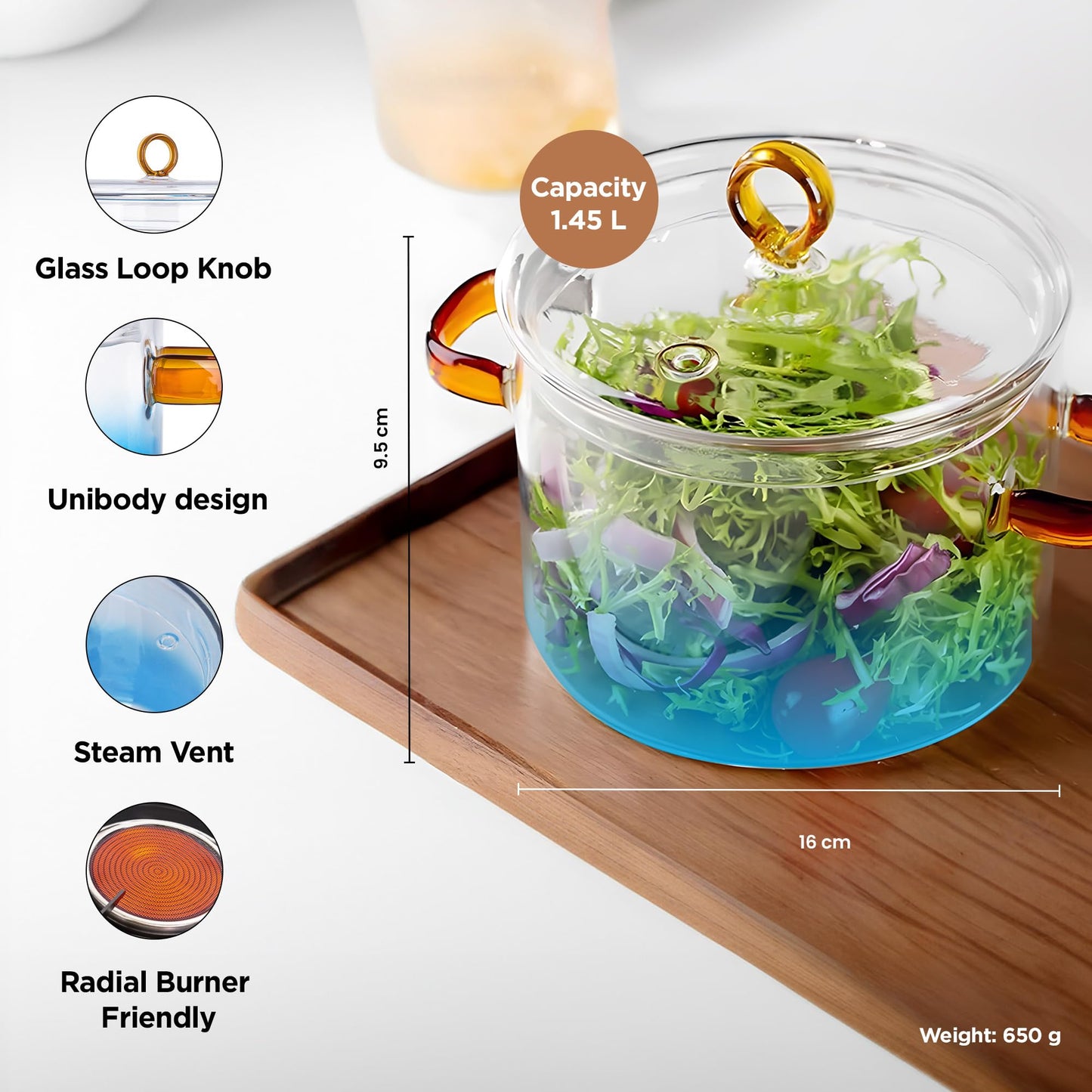 UMAI Borosilicate Glass Cookware for Gas Stove (1.45L) Saucepan with Lid & Handle | Electric Pottery Safe | Handi for Cooking | Microwave Safe | Cooktop for Tea/Milk/Pasta/Noodles/Rice (Clear Blue)