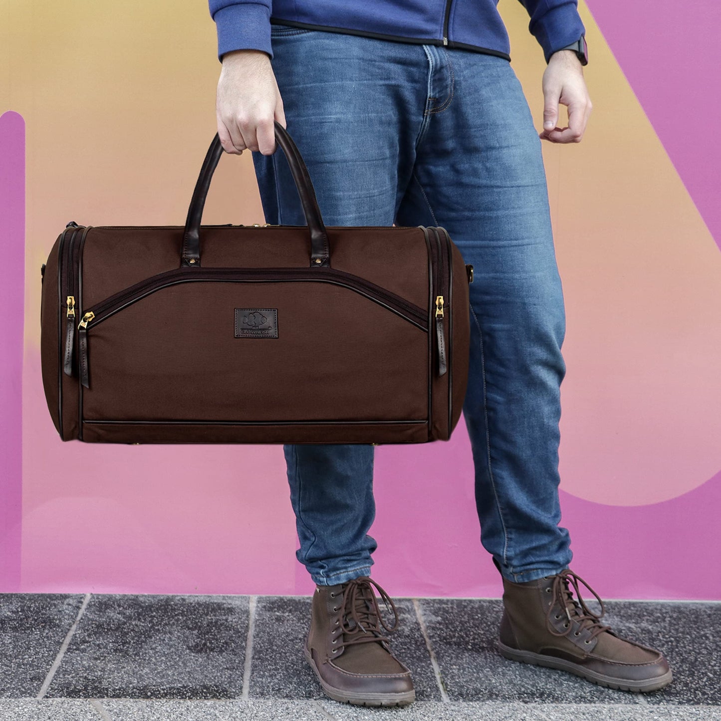 Travel Duffle Bag with Adjustable Shoulder Strap, Zip Closure | 34L | Dark Brown Canvas with Faux Leather
