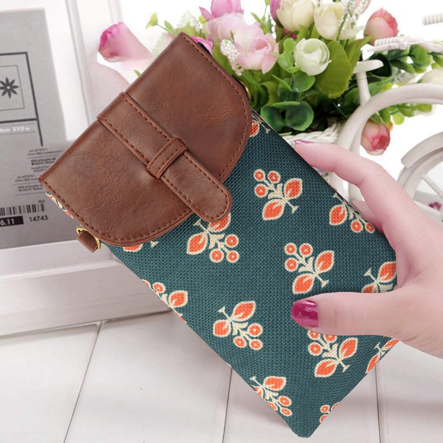 THE CLOWNFISH Flexiflare Series Mobile Sling for Women Printed Handicraft Fabric & Faux leather Casual Ladies Mobile Pouch Crossbody Bag for College Girls (Persian Green)