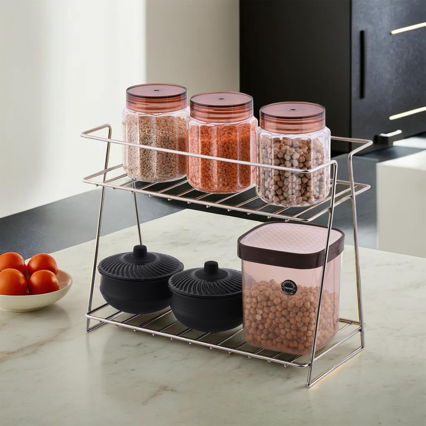 Kuber Industries (Set of 2) Multipurpose Counter Top Spice Rack Trolley Organizer 2-Layer Stainless Steel Corner Stand for Kitchen | Silver