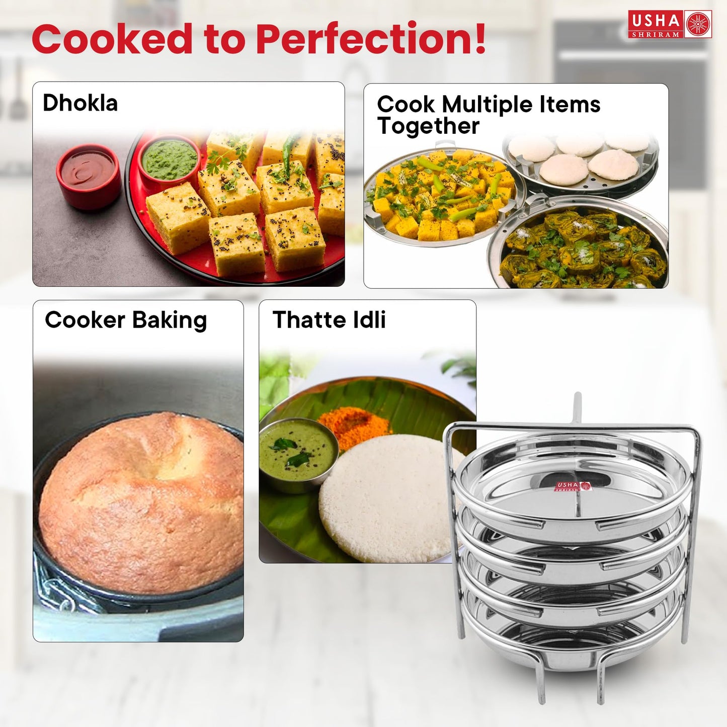 USHA SHRIRAM Dhokla Maker Plate (Round - 4 Plate) | Dhokla Stand | Thatte Idli Dhokla Maker Stainless Steel | Thattu Idli Plate | Idli and Dhokla Maker | Thatte Idly Stand | Idly Stand