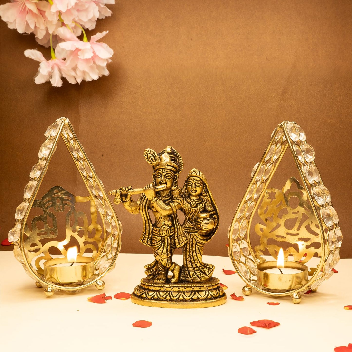 Combo: Brass Radha Krishna & Ganesh Tealight Candle Holders - Spiritual Decor | 12.8 cm | Gold Finish