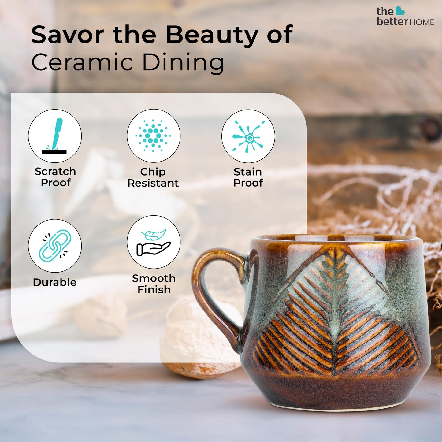 The Better Home Ceramic Tea Coffee Cup with Handles (200 ml x 6) | Microwave Safe | Scratch Resistant | Stain Proof | Glossy Finish | Gifting Set | (Pack of 6- Teal)