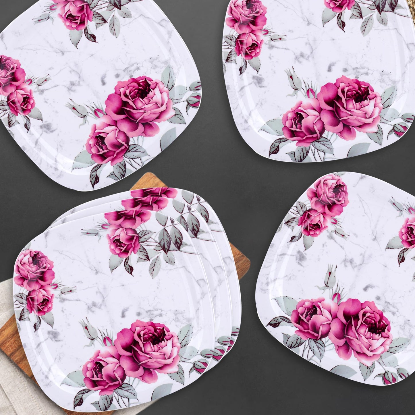 Melamine 6 Plate Set - Unbreakable, Heat Resistant | Square Shape | Serves 6 | Pink Marble Design