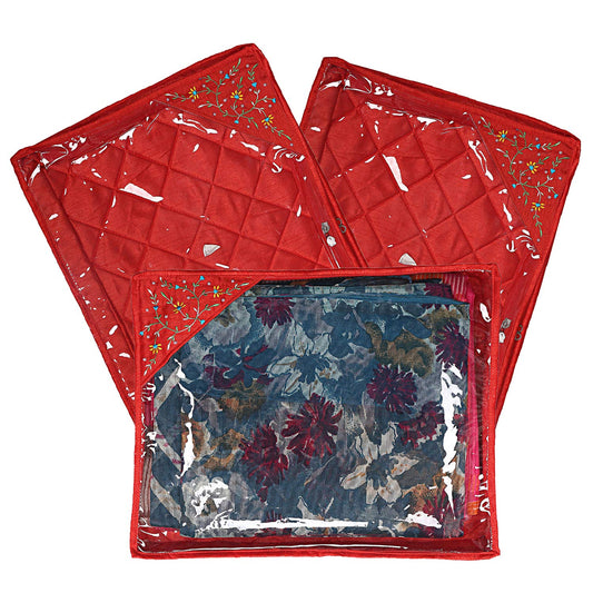 3 Pieces Single Packing Saree Cover - Elegant Silk | Rectangular | Standard Size | Red