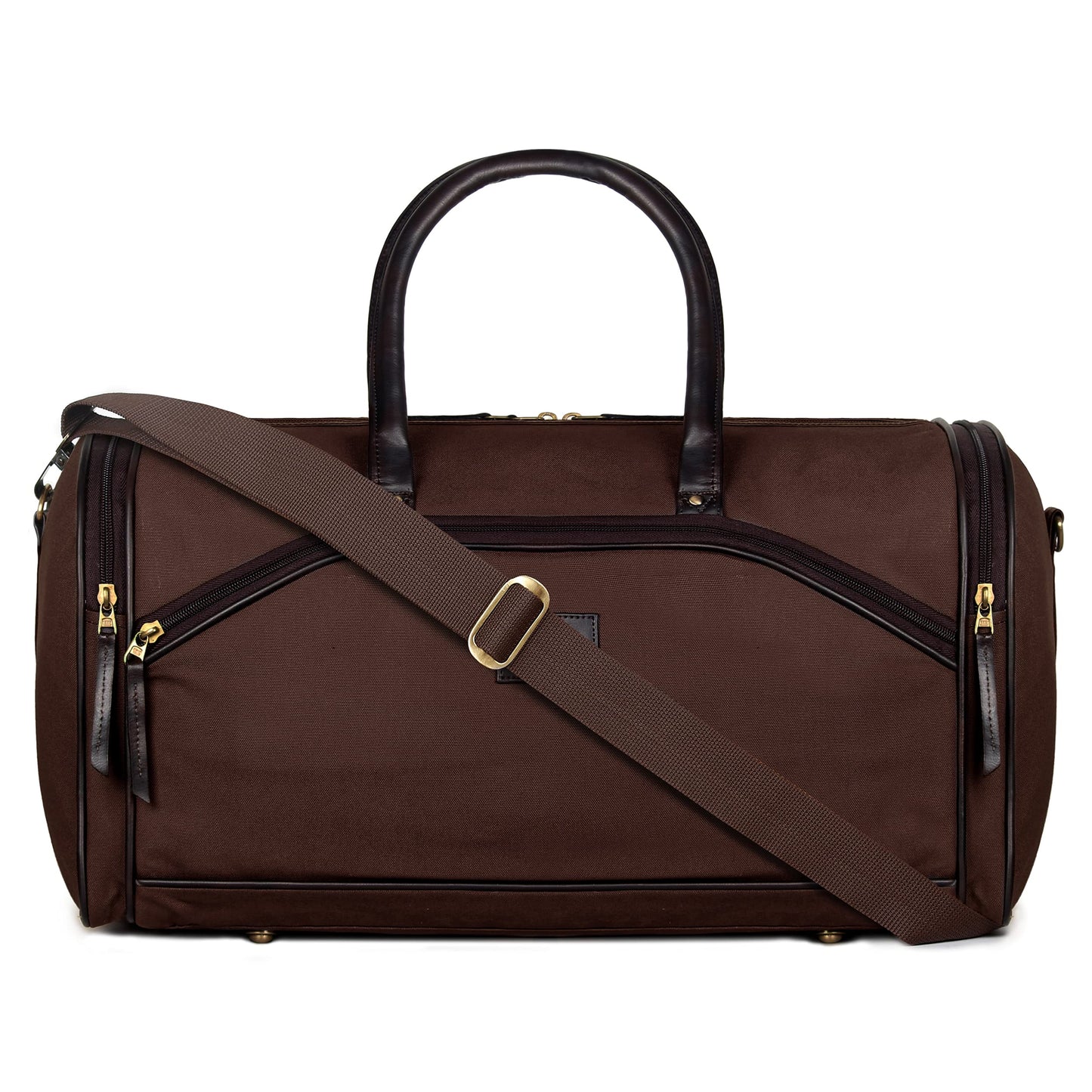 Travel Duffle Bag with Adjustable Shoulder Strap, Zip Closure | 34L | Dark Brown Canvas with Faux Leather
