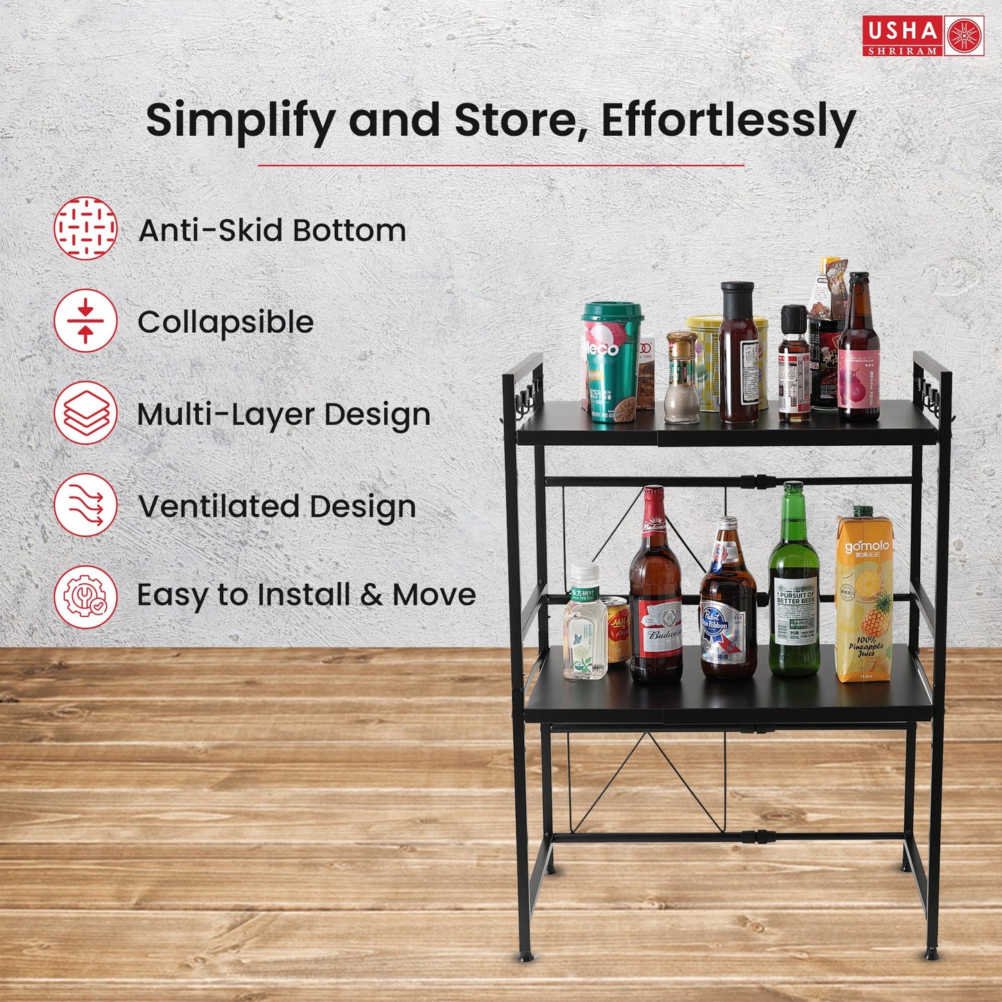 USHA SHRIRAM Microwave Oven Rack For Kitchen |2 Step Organiser For Kitchen Cabinet | Kitchen Organiser Box | Storage Organiser For Kitchen Shelf Space Saver | Hooks For Spoon Holder | Black