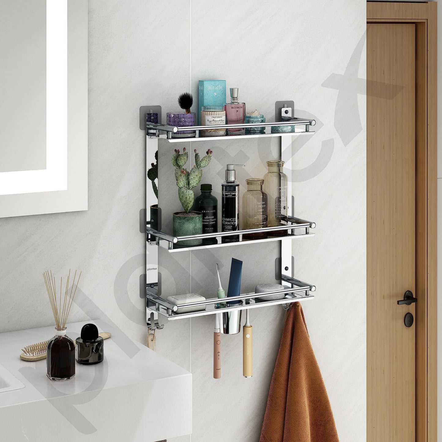 Plantex Stainless Steel Multipurpose 3 Tier Bathroom Shelf with Hook/Double Soap Dish/Tumbler Holder/Bathroom Oraganizer/Bathroom Accessories - Pack of 1 (Chrome)