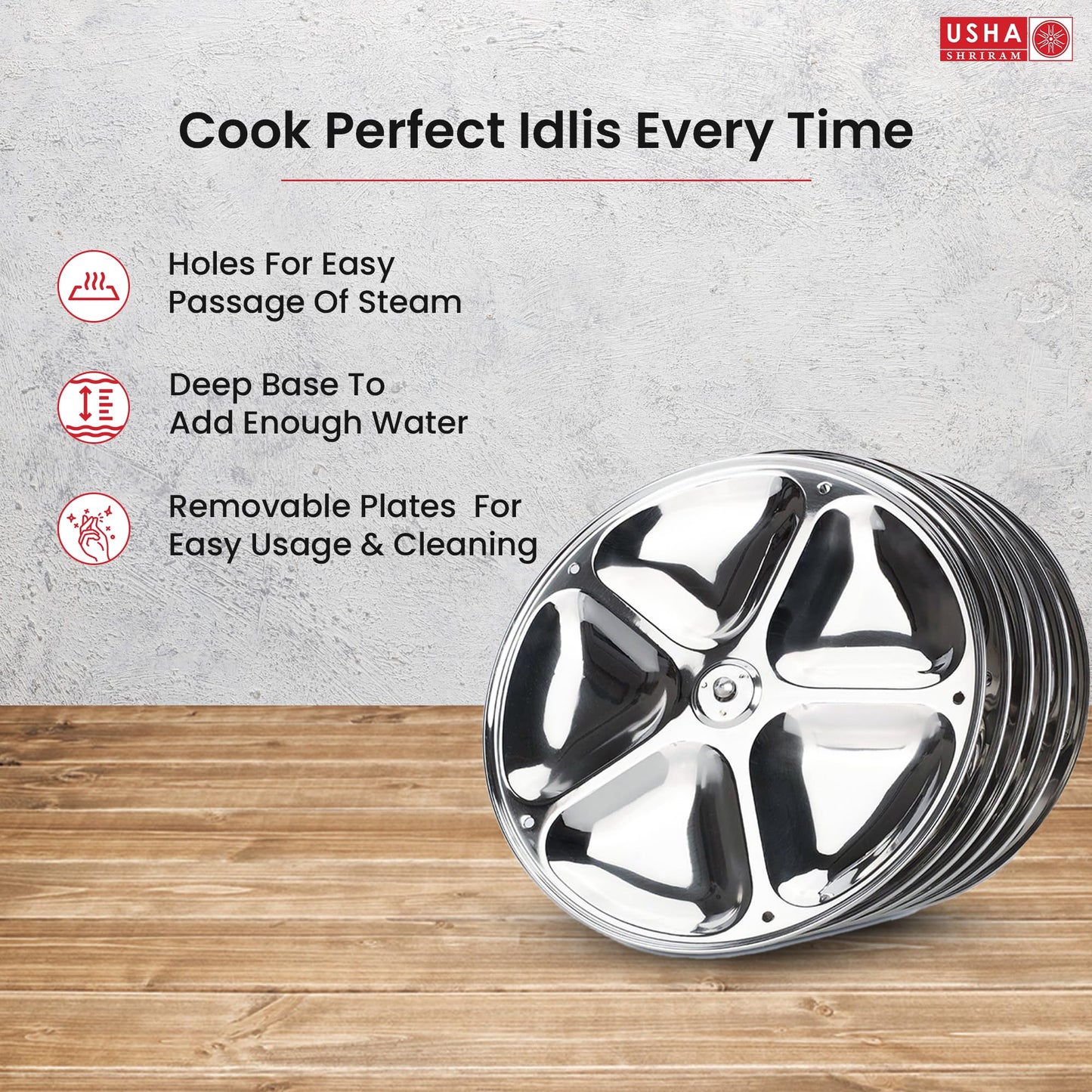 USHA SHRIRAM Stainless Steel Idli Plates (5 Cavities/Plate) | Idli Plates With Removable Bakelite Handle | Idly Stand For Cooker | Idli Stand | Thate Idli Maker | Idly Maker (6 Plate)