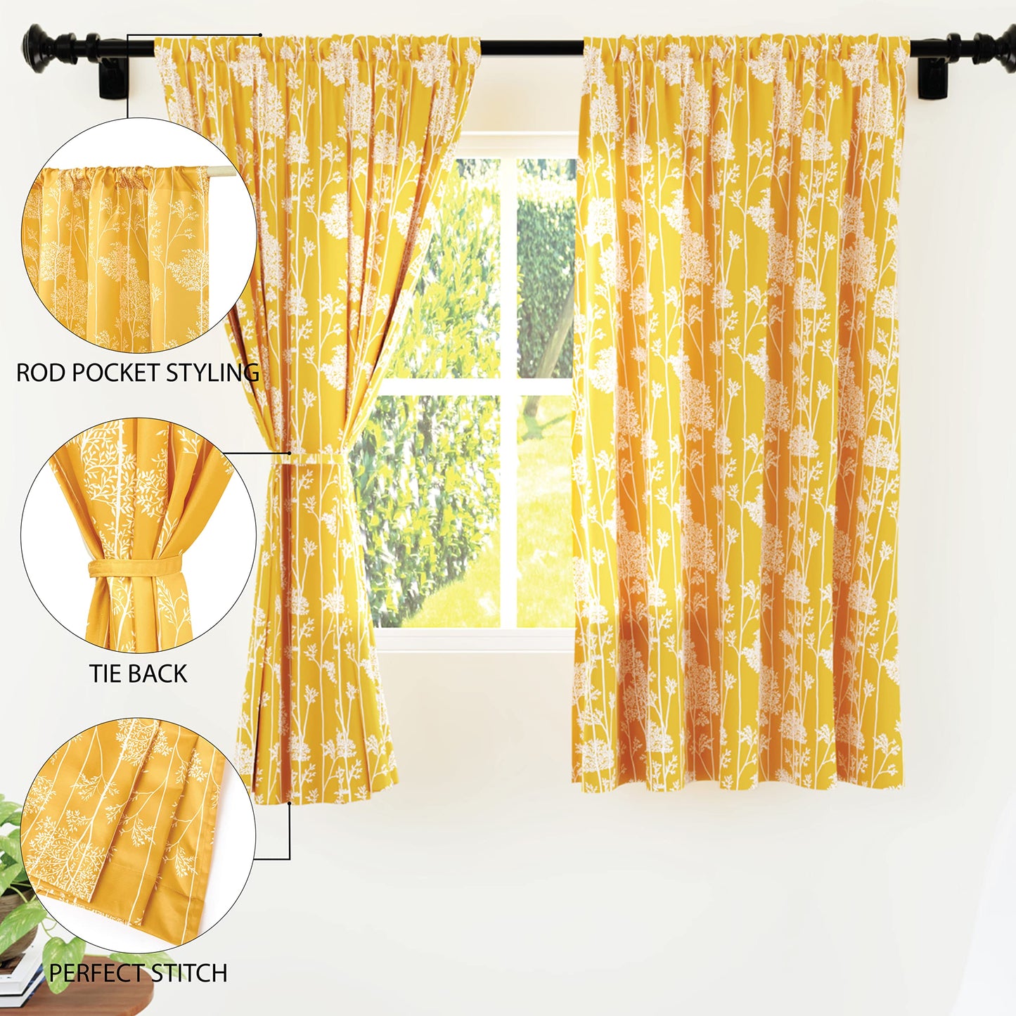 Pack of 2: Printed Window Curtains with Tie Back, Rod Pocket | Light-Filtering | 5 ft | Blotch Mango